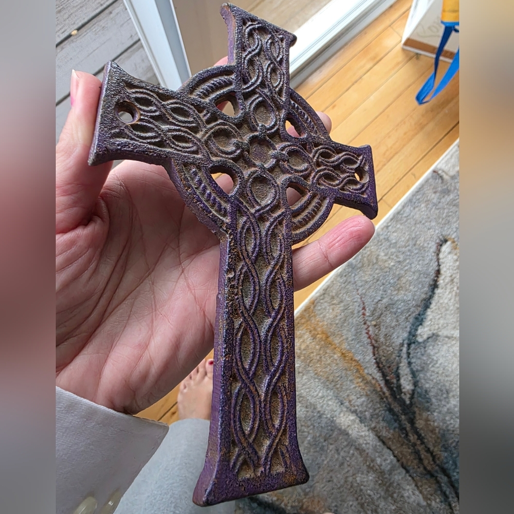 Rare Cast Iron Celtic Wall Cross Old Vtg Delicatly Purple Hand-painted